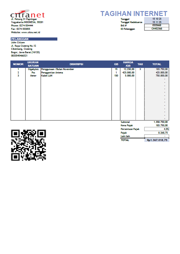 Indonesia Citranet utility bill template in Word and PDF formats
